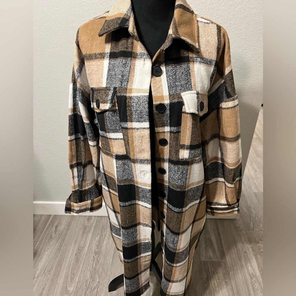 Plaid Long Coat, Color: Tan, black and brown, Sizes: S-L